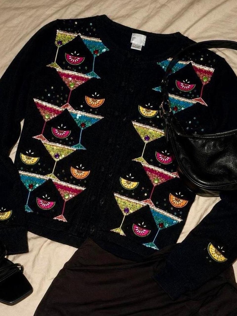 berek Black Cardigan with Multicolor Sequin Cocktail Glasses